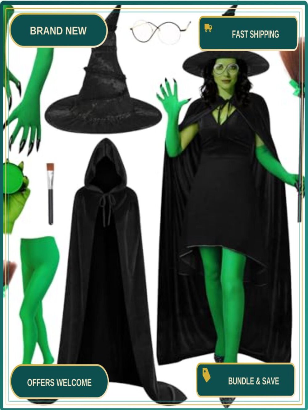 8 Piece Witch Costume Set Adult Velvet Cape Hat Gloves Halloween Cosplay